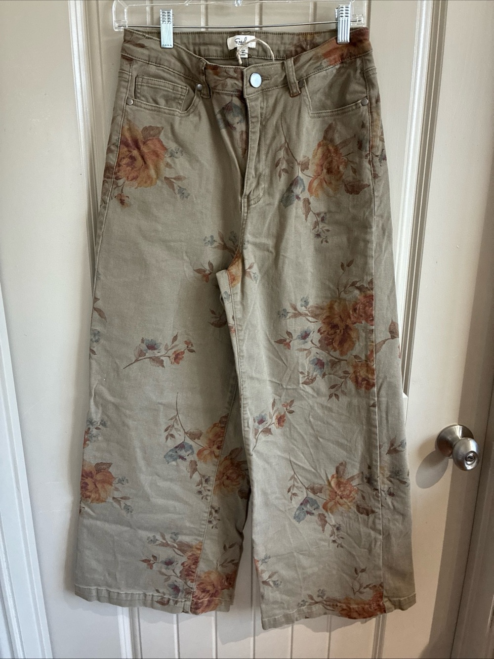 easel Floral Wide Leg Jeans in Olive with Rust & Soft Blue Flowers